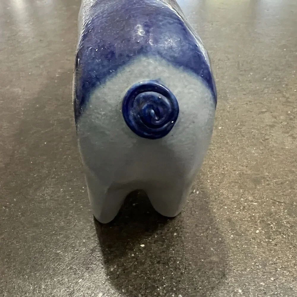 VTG Signed David ELDRETH SALT GLAZED Stonewear Pig COBALT BLUE ON GRAY - Picture 3 of 12